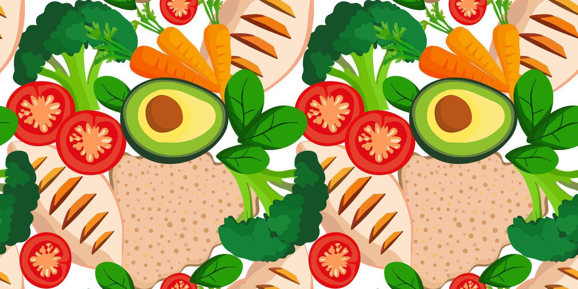 isolated pattern with healthy foods vegetables avocado tomatoes broccoli spinach, poultry meat porridge carrots, healthy food, textiles web design background vector
