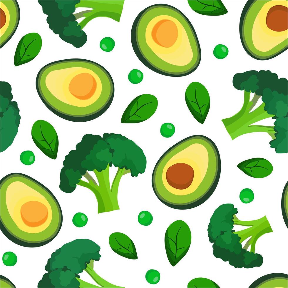 isolated green seamless pattern with healthy vegan vegetables avocado green peas broccoli spinach, textile web food design background vector