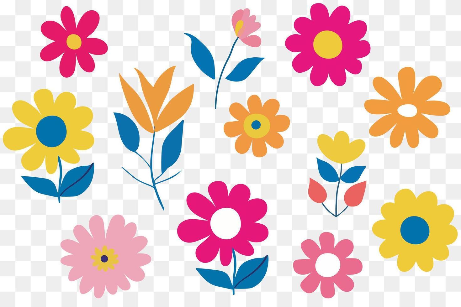 modern minimalistic isolated retro flowers in bright pastel pink yellow orange blue tones with elegant leaves perfect for textiles, wallpapers and web postcard design vector