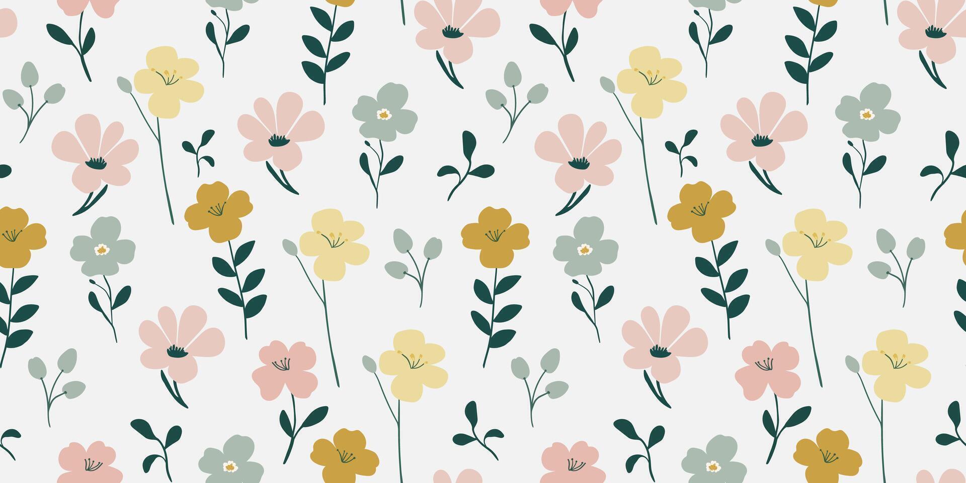 modern delicate and minimalistic isolated floral pattern in soft pastel colors, on a white background with elegant leaves and flowers textiles, wallpapers and web postcard design vector