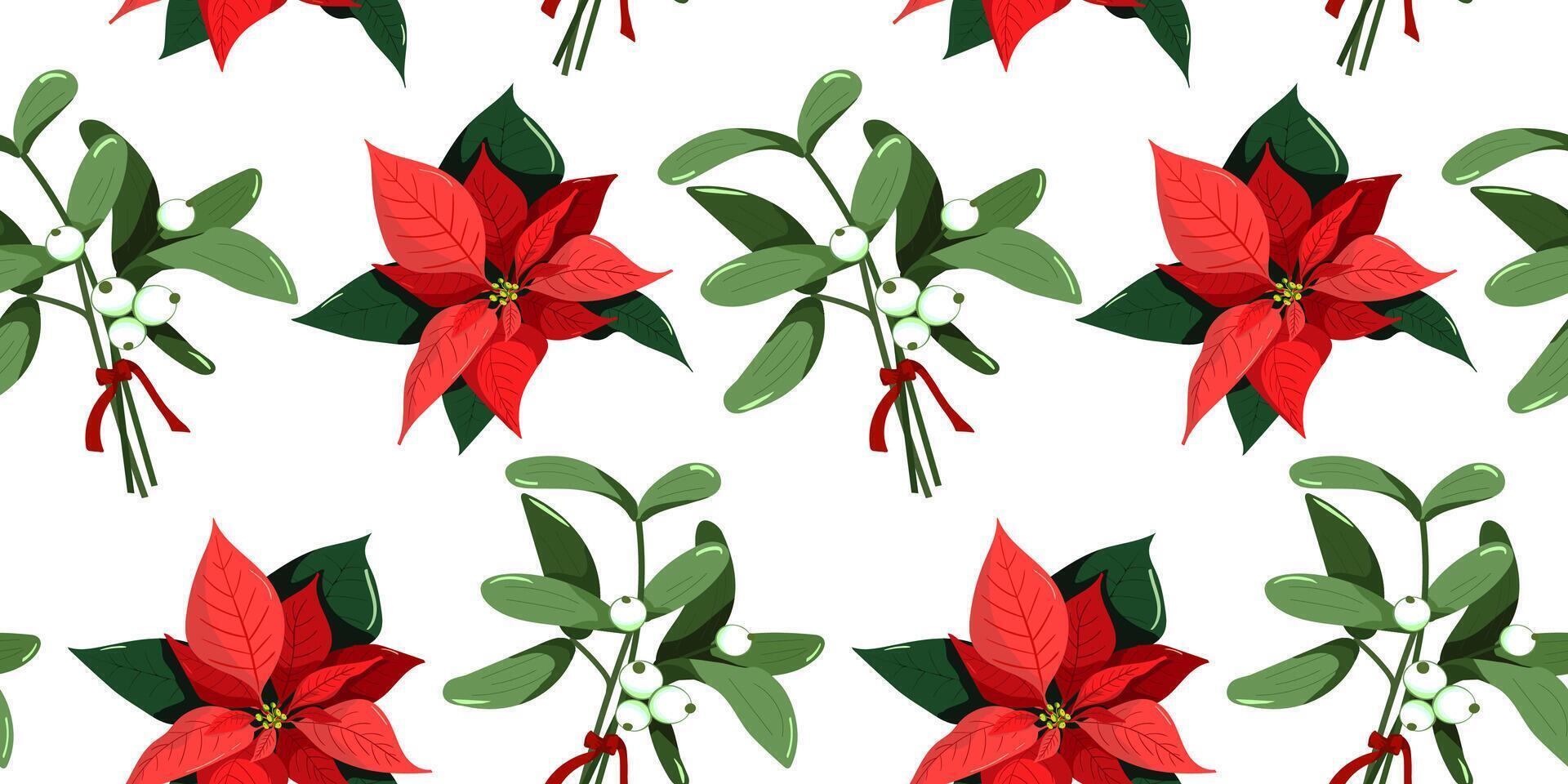 Seamless Christmas and New Year pattern featuring mistletoe with white berries and poinsettia flowers in red and green on a festive white background textile web decorations vector