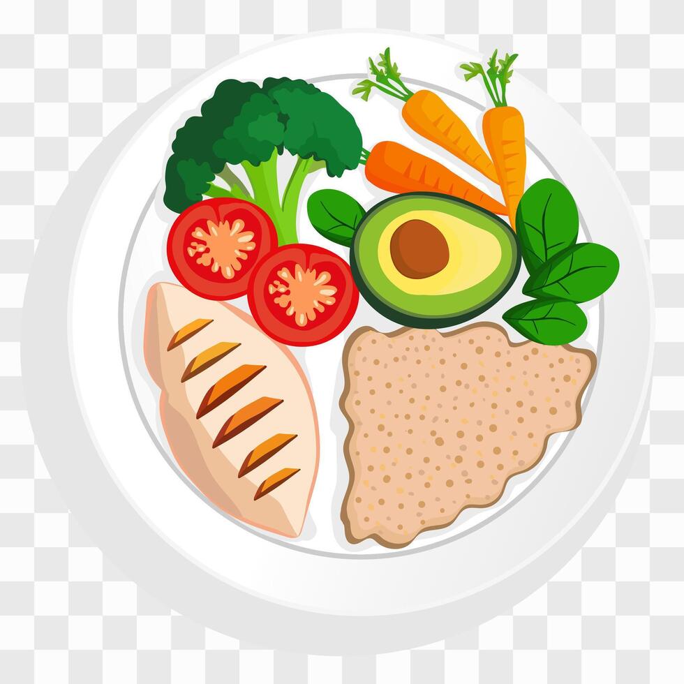 isolated illustration of healthy foods avocado tomatoes broccoli spinach, poultry meat porridge carrots, healthy plate of vegetables, textile web food design background vector