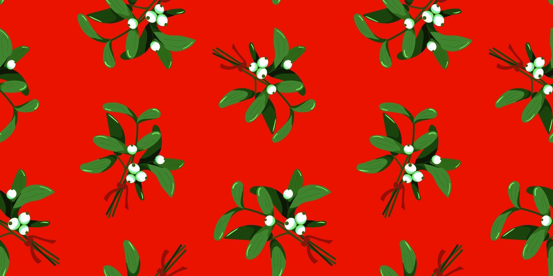 Seamless Christmas and New Year pattern with mistletoe branches with white berries and red ribbon on a festive red background symbolizing holiday traditions for web design textiles vector