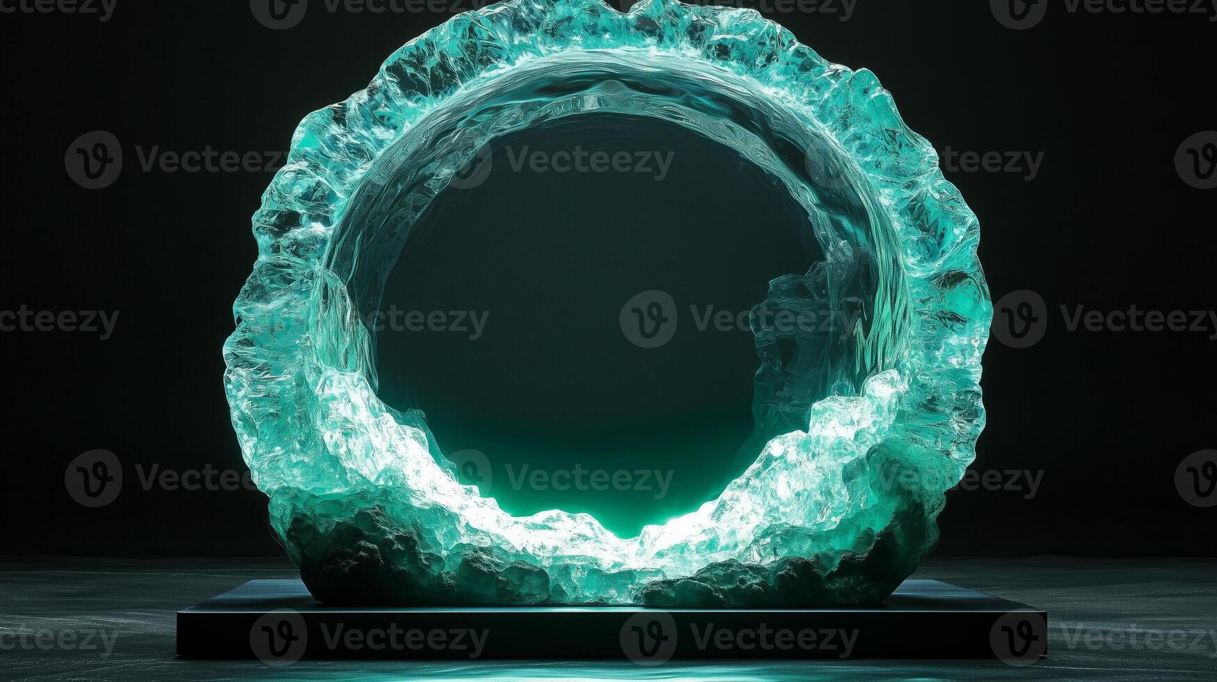 A large, circular, glowing teal glass sculpture with green lights inside, centered on a black background. 3 photo