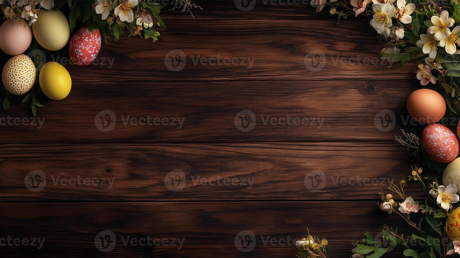 Easter background with colored eggs and flowers on dark wood, top view. 13 photo