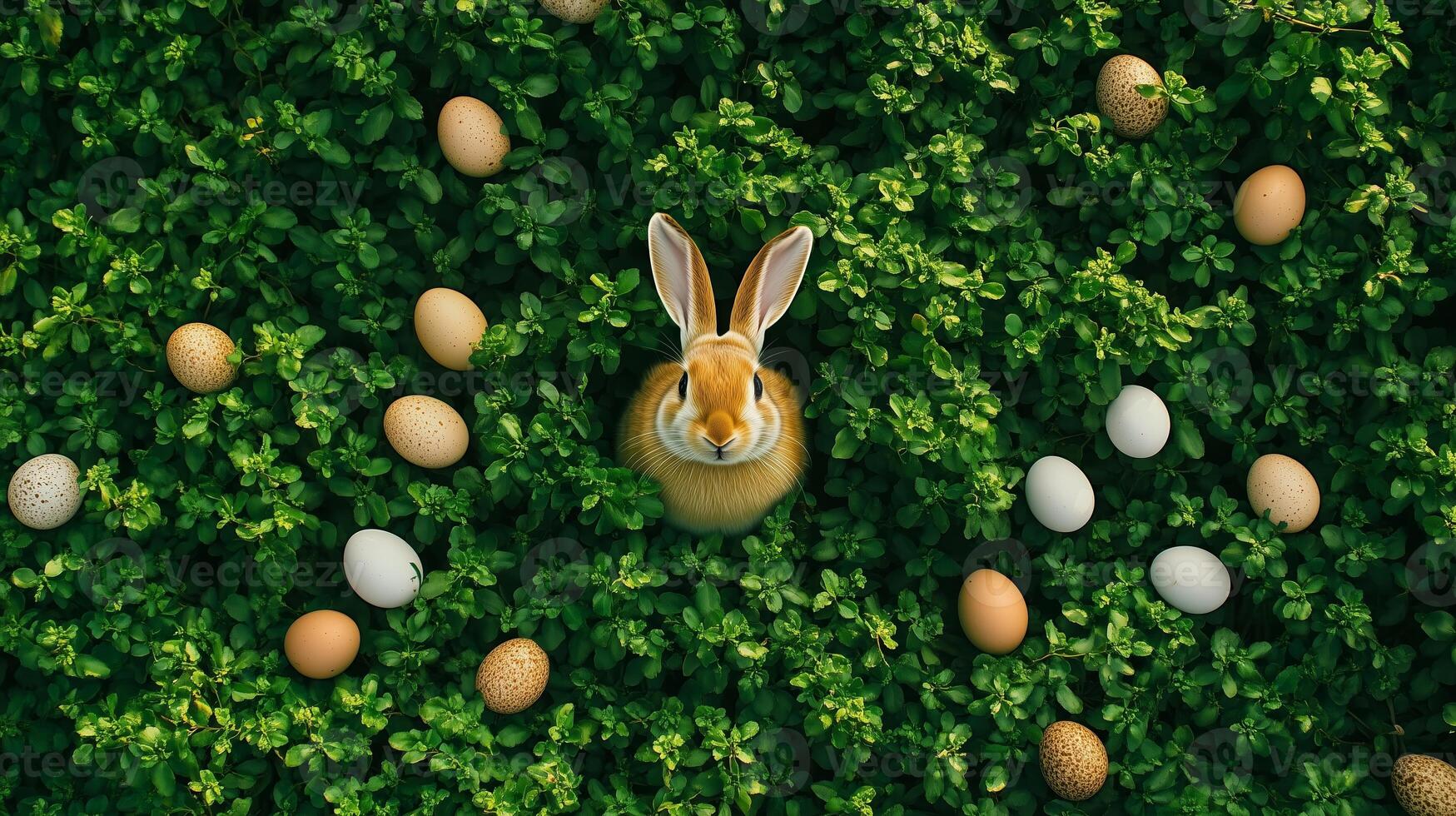 Top view from Easter eggs with Easter bunny, on fresh green meadow. 13 photo