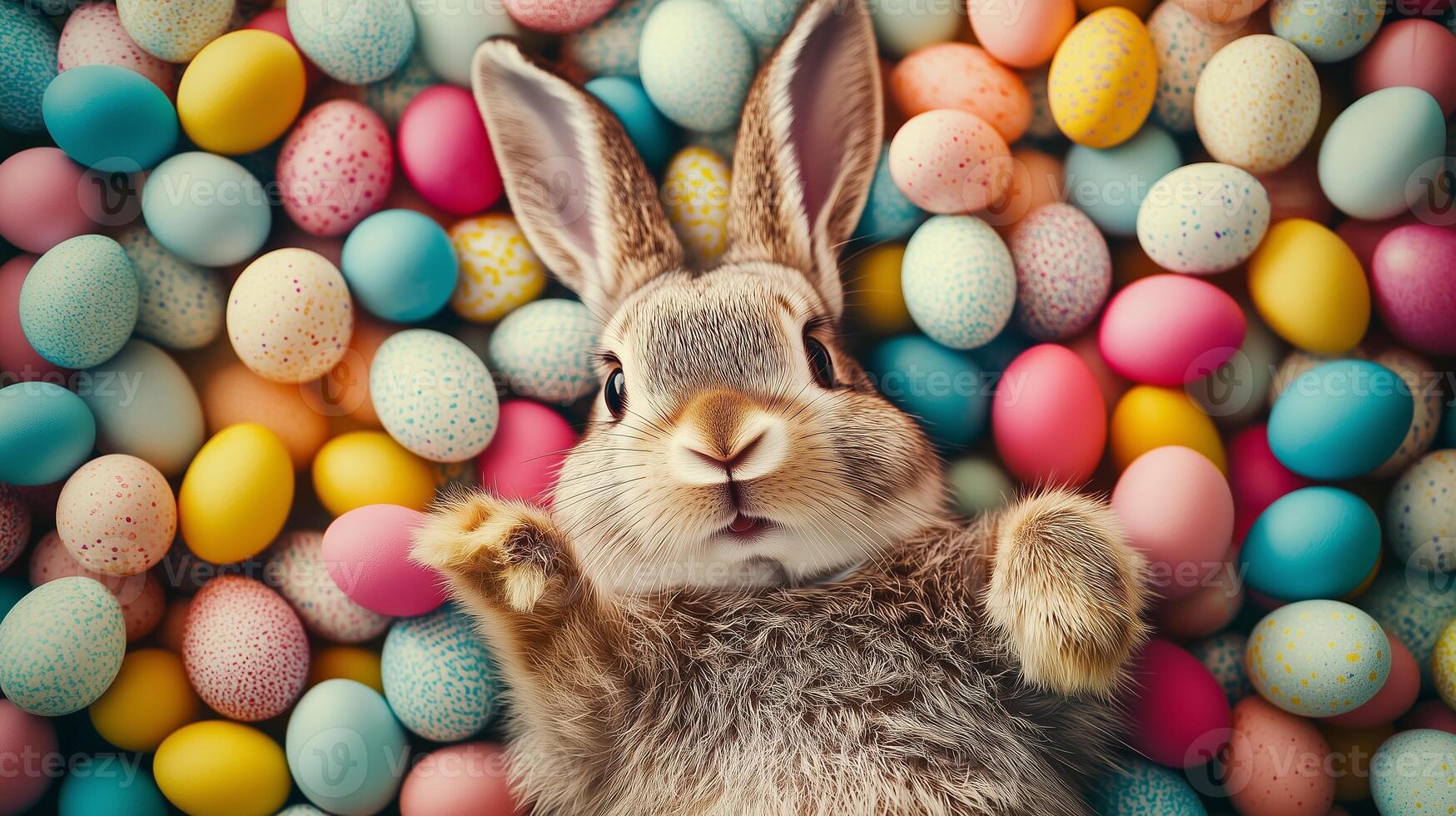Top view of Easter smiling funny bunny laying on the back with a lot of colorful eggs. 14 photo