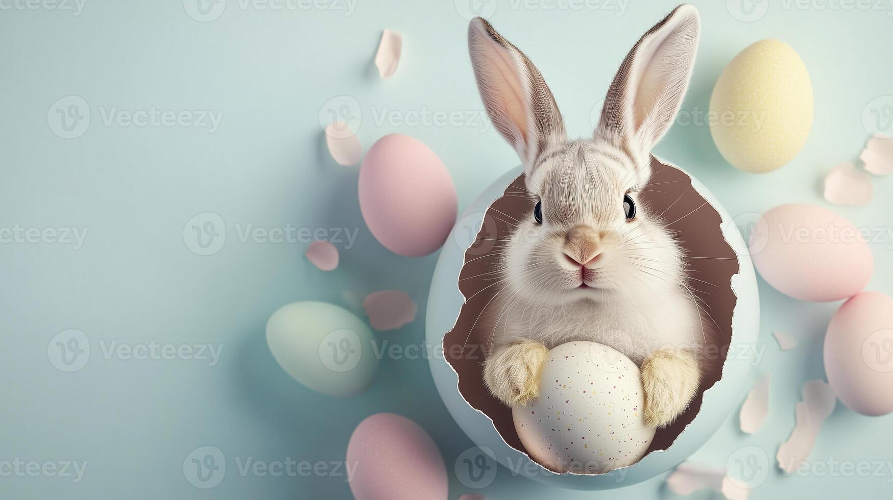A bunny and ears sticking out of an egg-shaped hole in light and pastel colors, with eggs. 14 photo