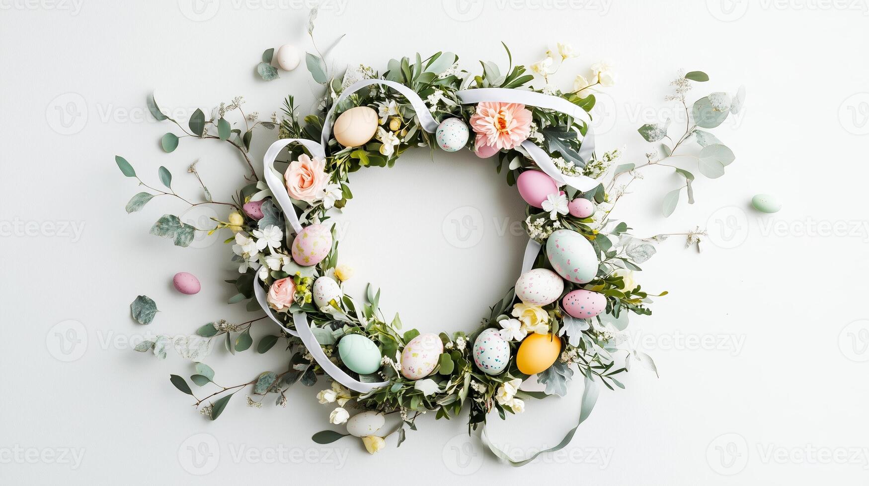 An Easter-themed wreath, made of fresh greenery, flowers, decorated eggs, and ribbons. 13 photo