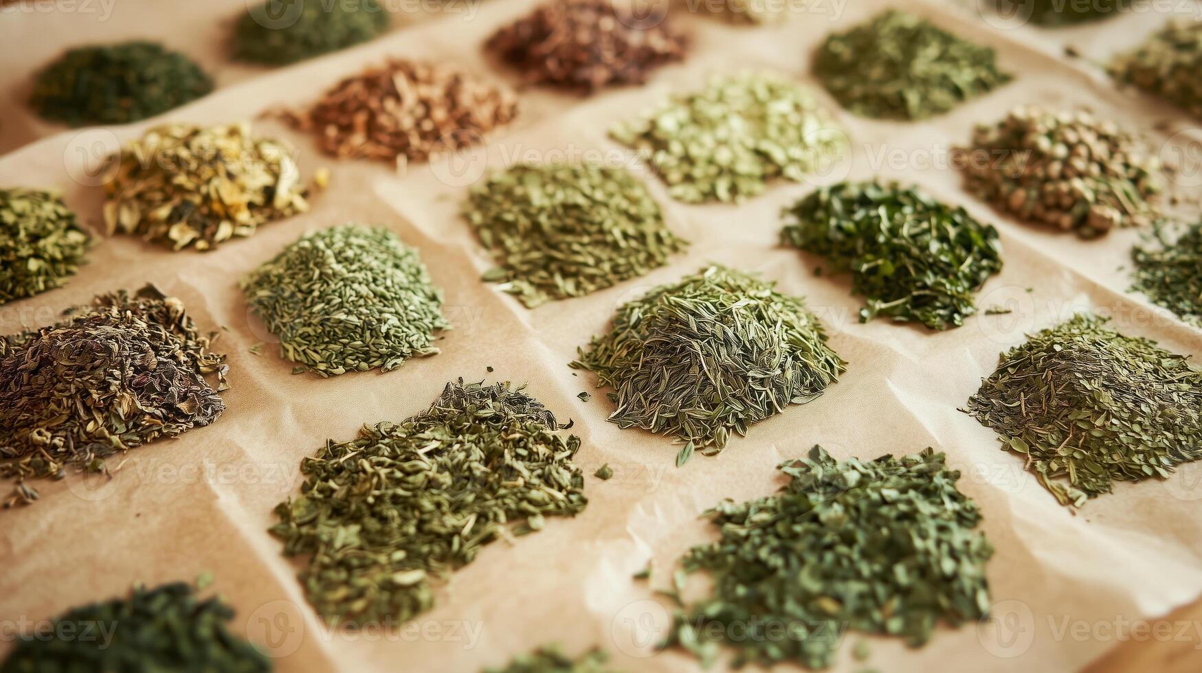 Various dried and fresh herbs, such as thyme, oregano, and sage, laid out on paper. 2 photo