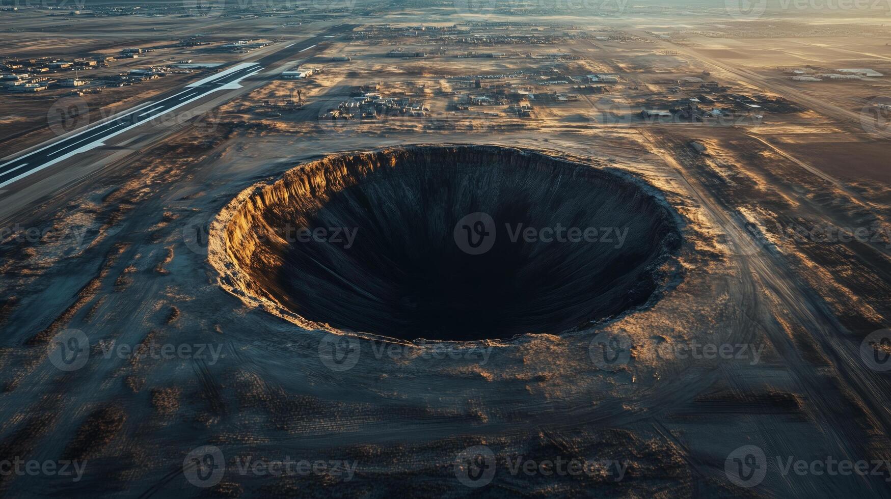 Very large, circular, dark, empty, bottomless sinkhole in the middle of an airfield strip. 3 photo
