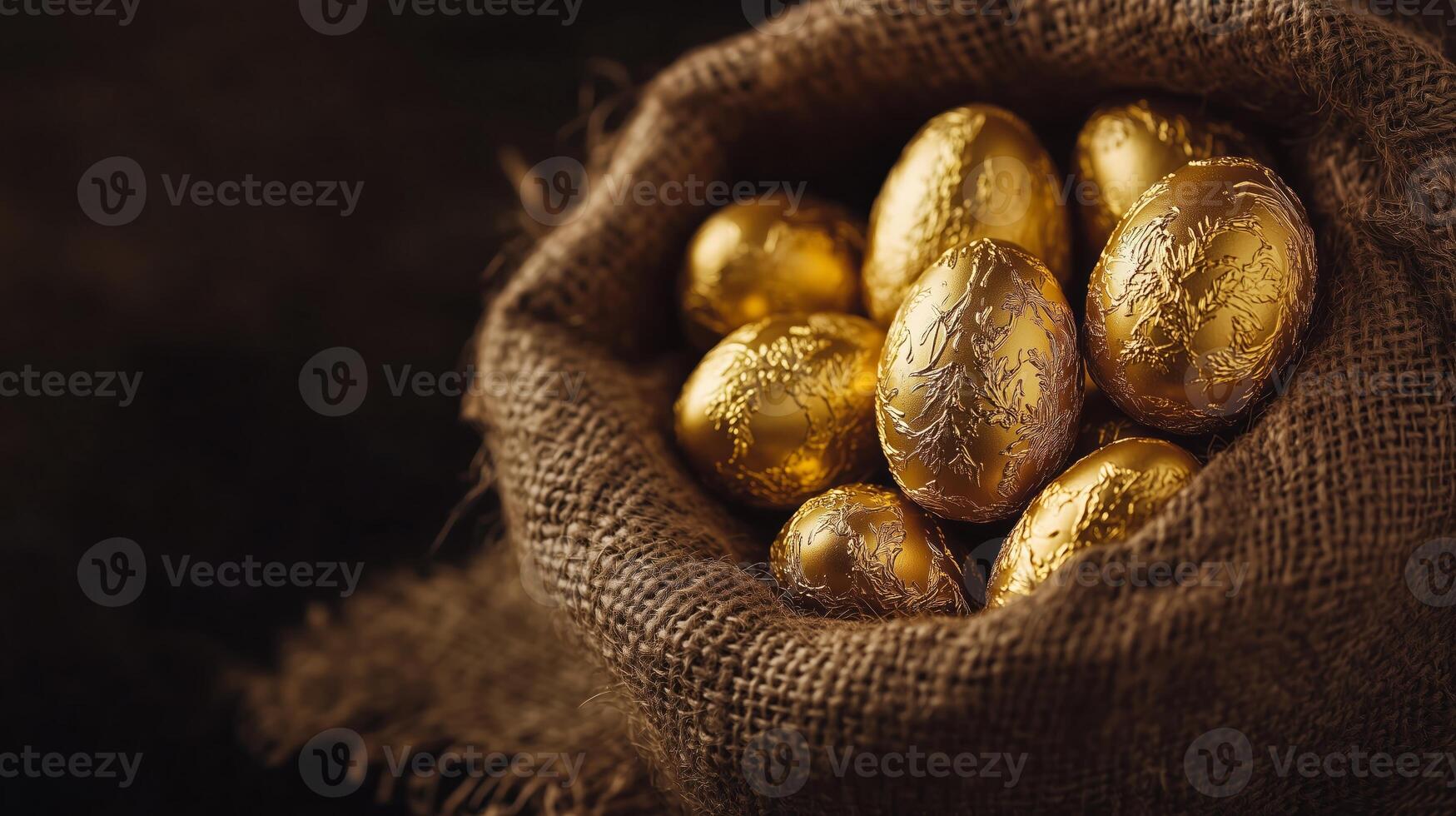 A burlap sack filled with golden chocolate eggs. 1 photo
