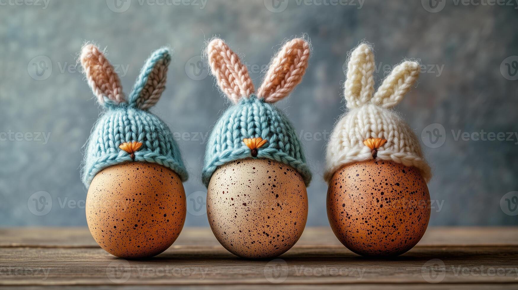 Three eggs with knitted bunny hats, on a wooden table, against a gray background. 14 photo