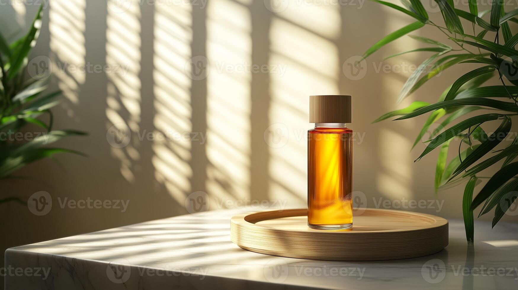 A cylindrical, small orange essential oil bottle with a single bamboo leaf. 8 photo