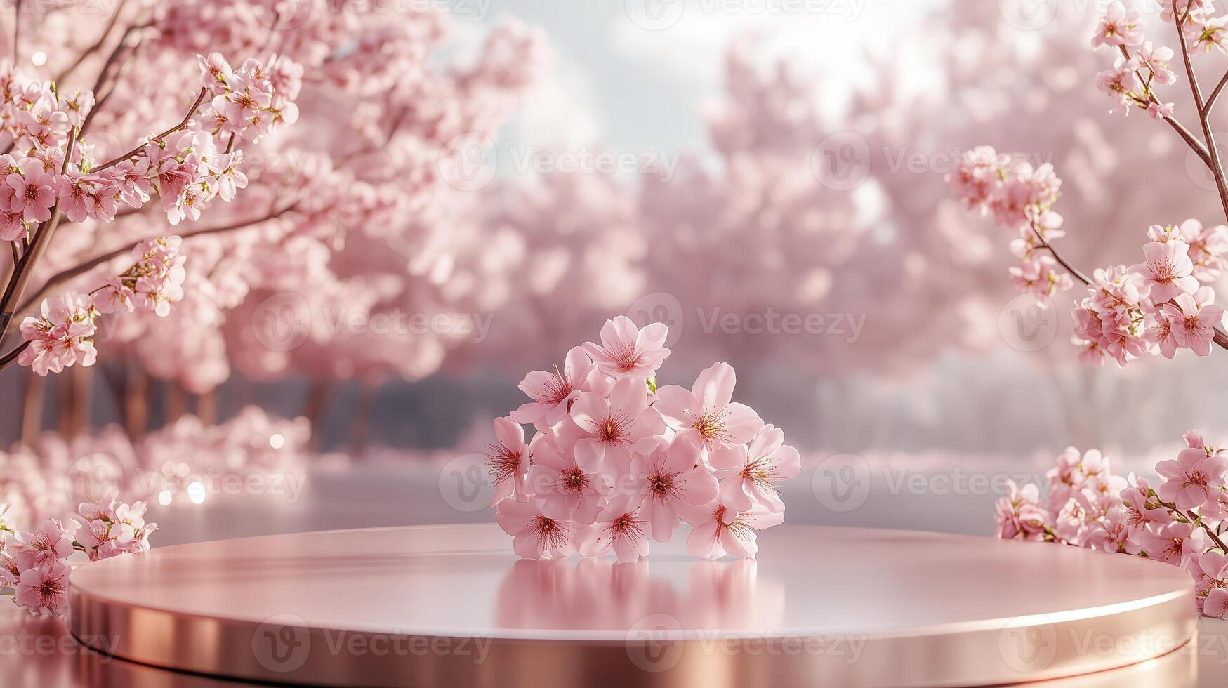 A round podium with pink sakura flowers on it, a blurred background with blooming cherry. 6 photo
