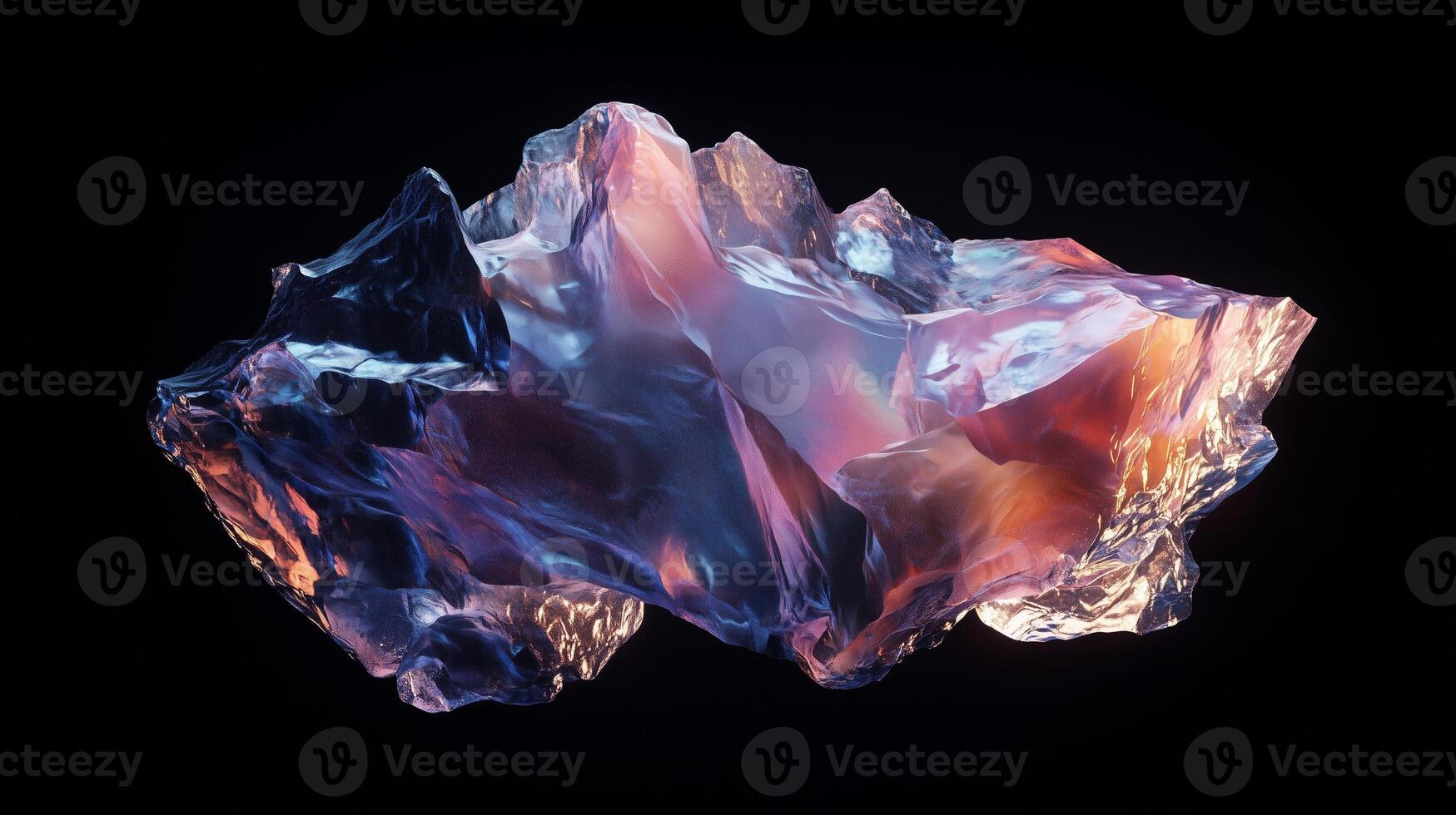 A floating, fragmented asteroid-like structure set against a pure black background. 3 photo