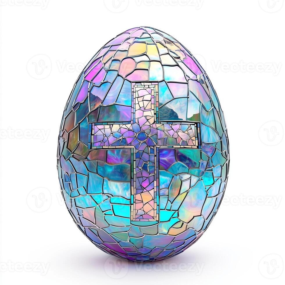 Easter egg with a cross, made of iridescent mother-of-pearl glass mosaic, on a white background. 13 photo