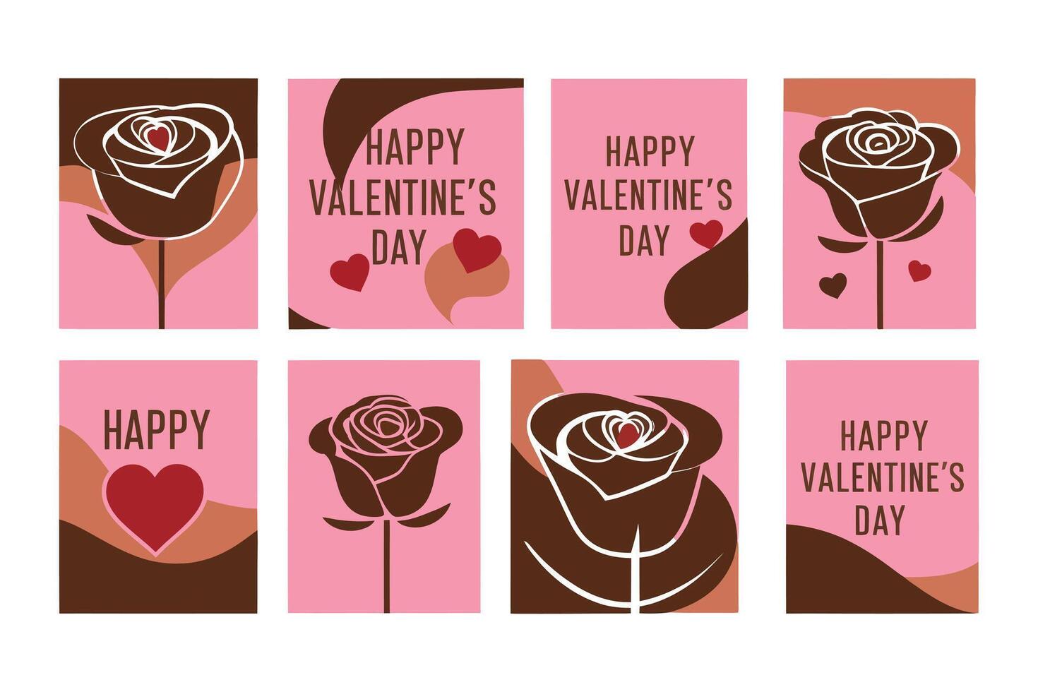 Modern Valentine's Day Card Collection Stylish Roses, Hearts Elegant Typography. Ideal for Celebrations Branding Banners More in Trendy Brown vector