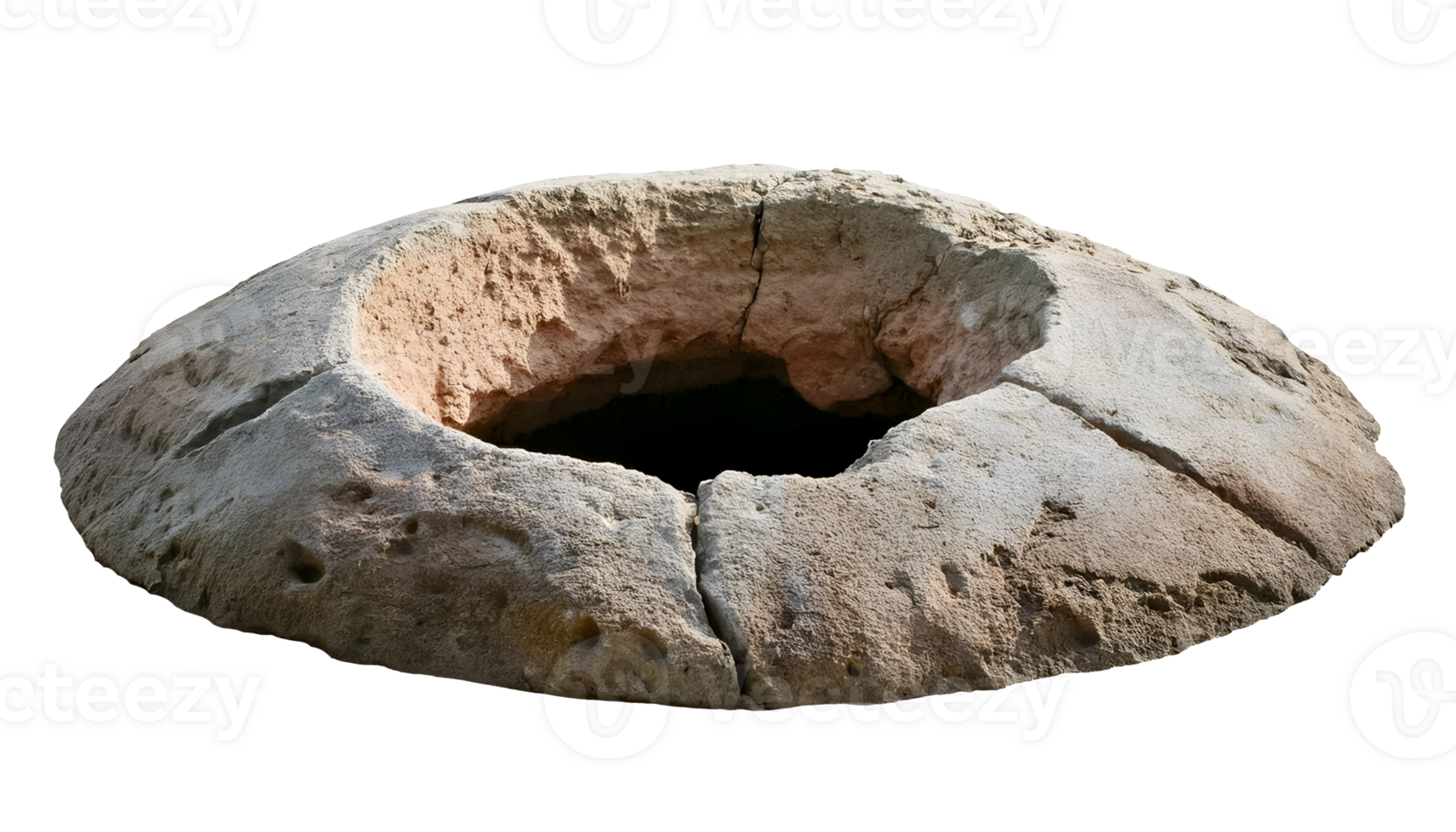 ancient stone hole in the ground with weathered rough edges, circular carved rock pit with erosion marks, old excavation site or historical structure, on isolated background png