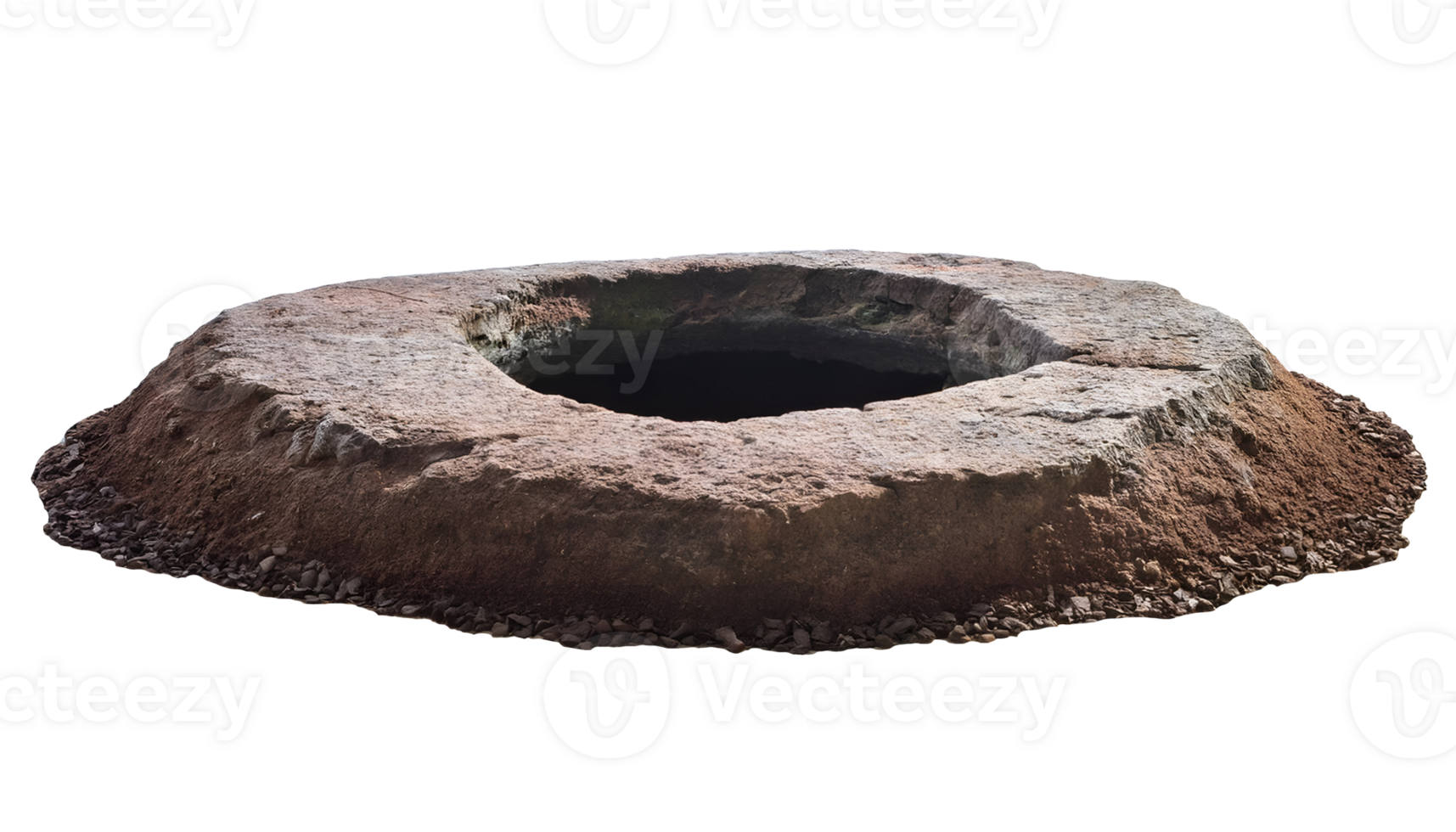ancient stone hole in the ground with rough weathered edges, old excavation site or underground entrance, circular rock opening with erosion and cracks, realistic 3d png