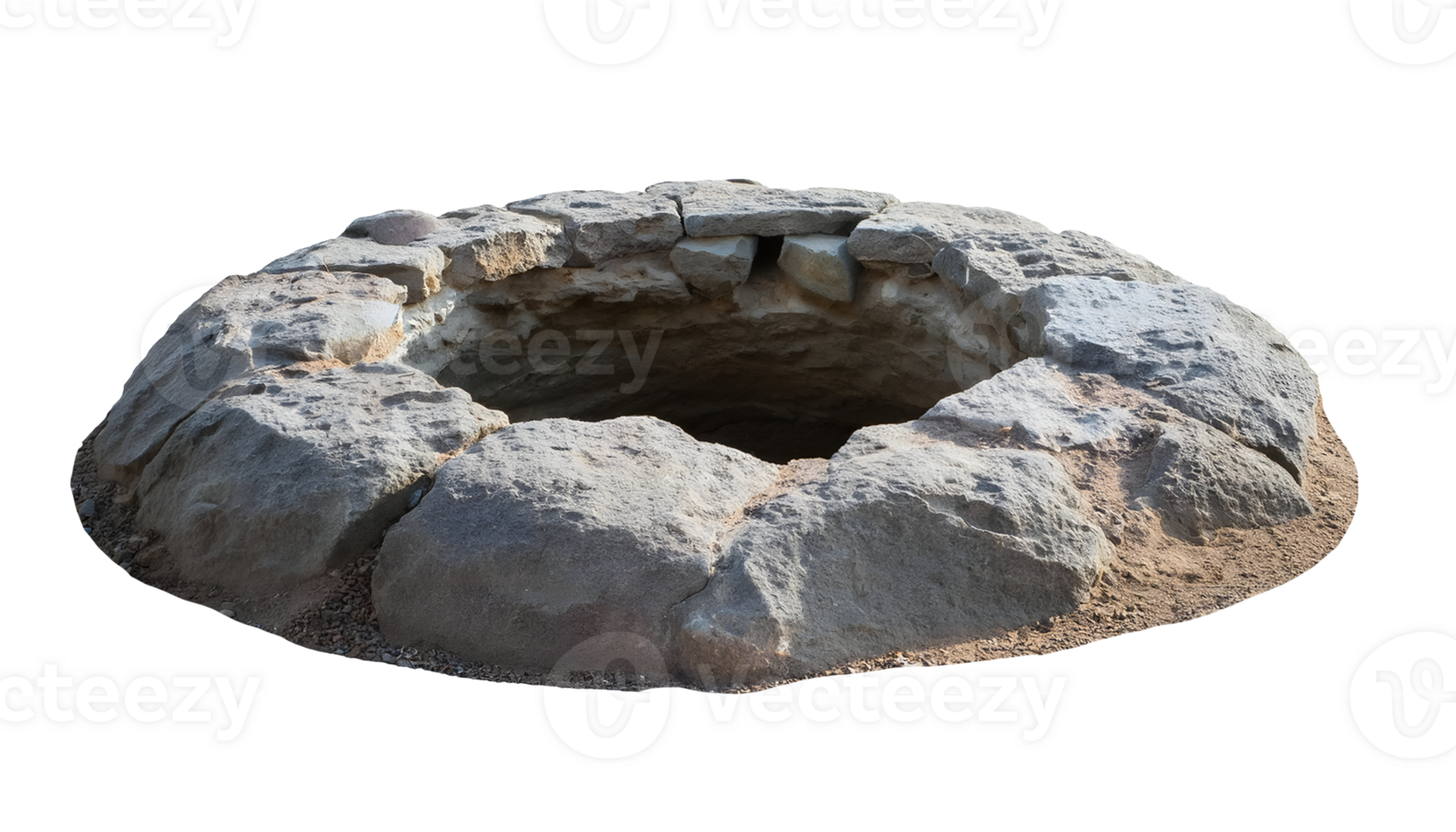 ancient stone well with rough rock edges, historical underground pit or old excavation site, realistic 3d weathered rock hole in the ground with erosion and cracks on isolated background png
