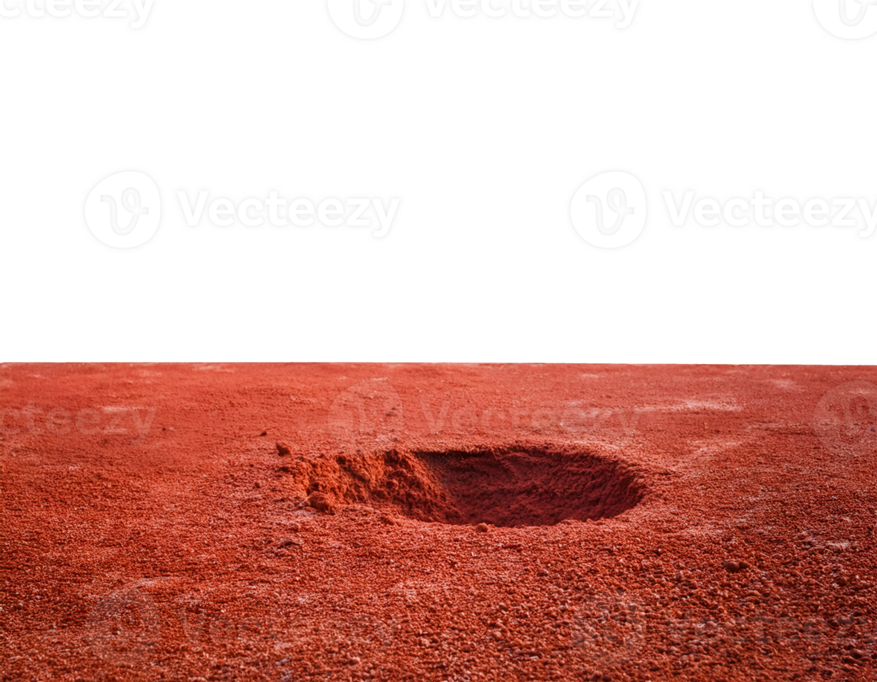 small hole in red soil on isolated background for excavation, geological study, terrain erosion, and underground access concept png