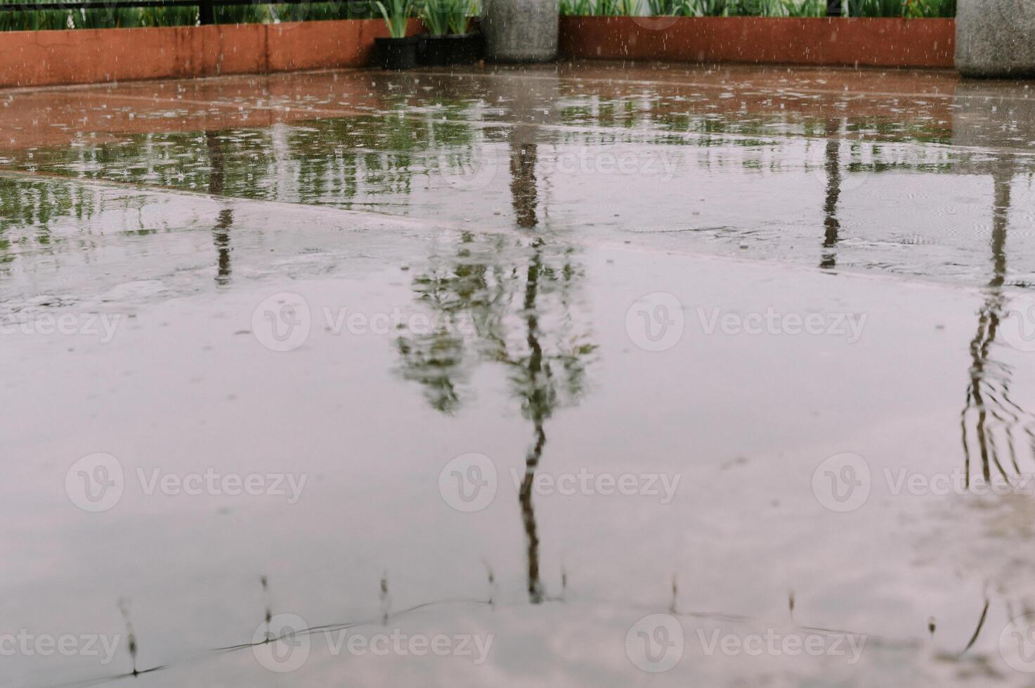 Reflections on a rainy day, Serene urban landscape with water mirrors photo
