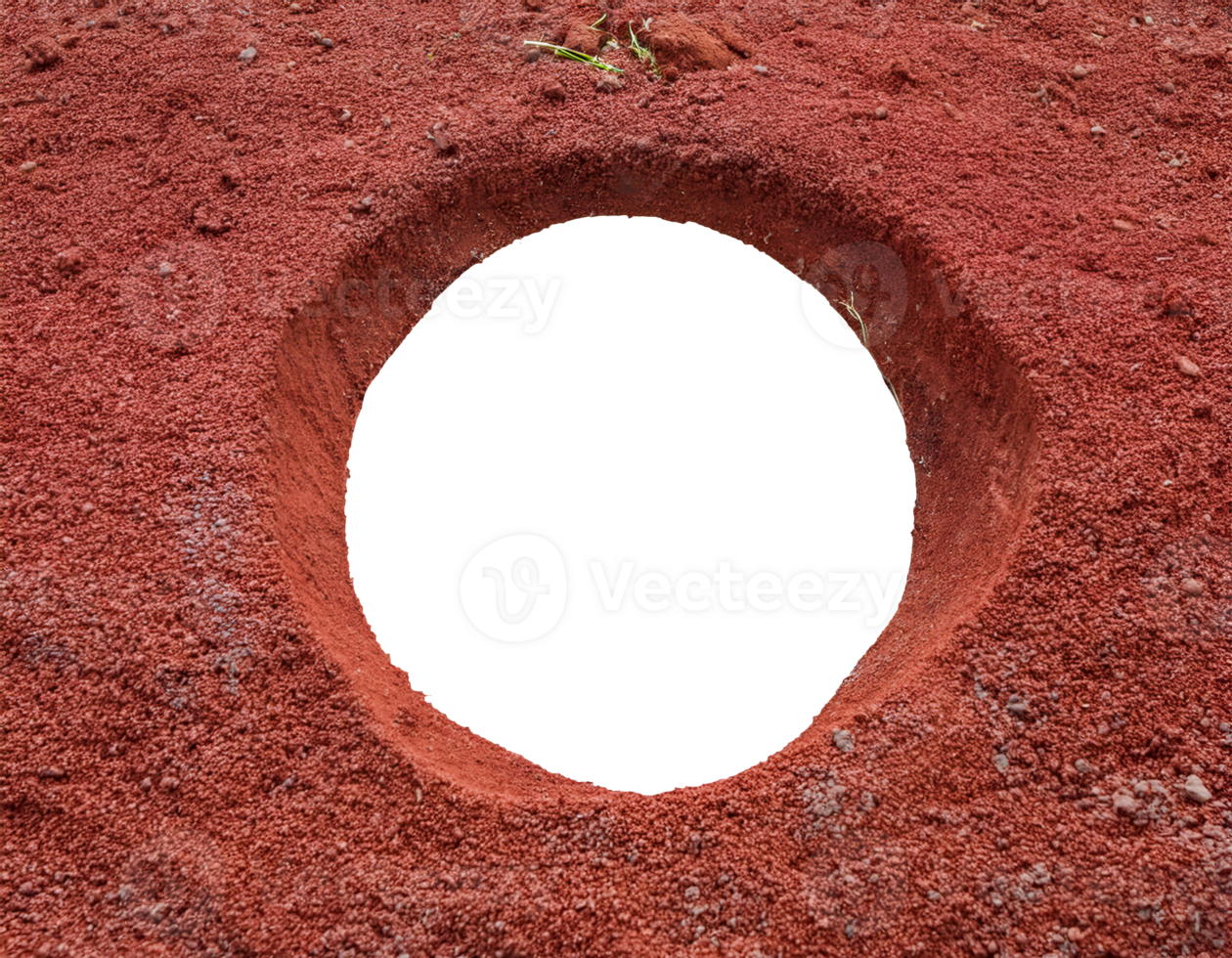 deep hole in red soil with rough textured edges on isolated background for excavation, underground concept, geological study, and nature erosion effect png