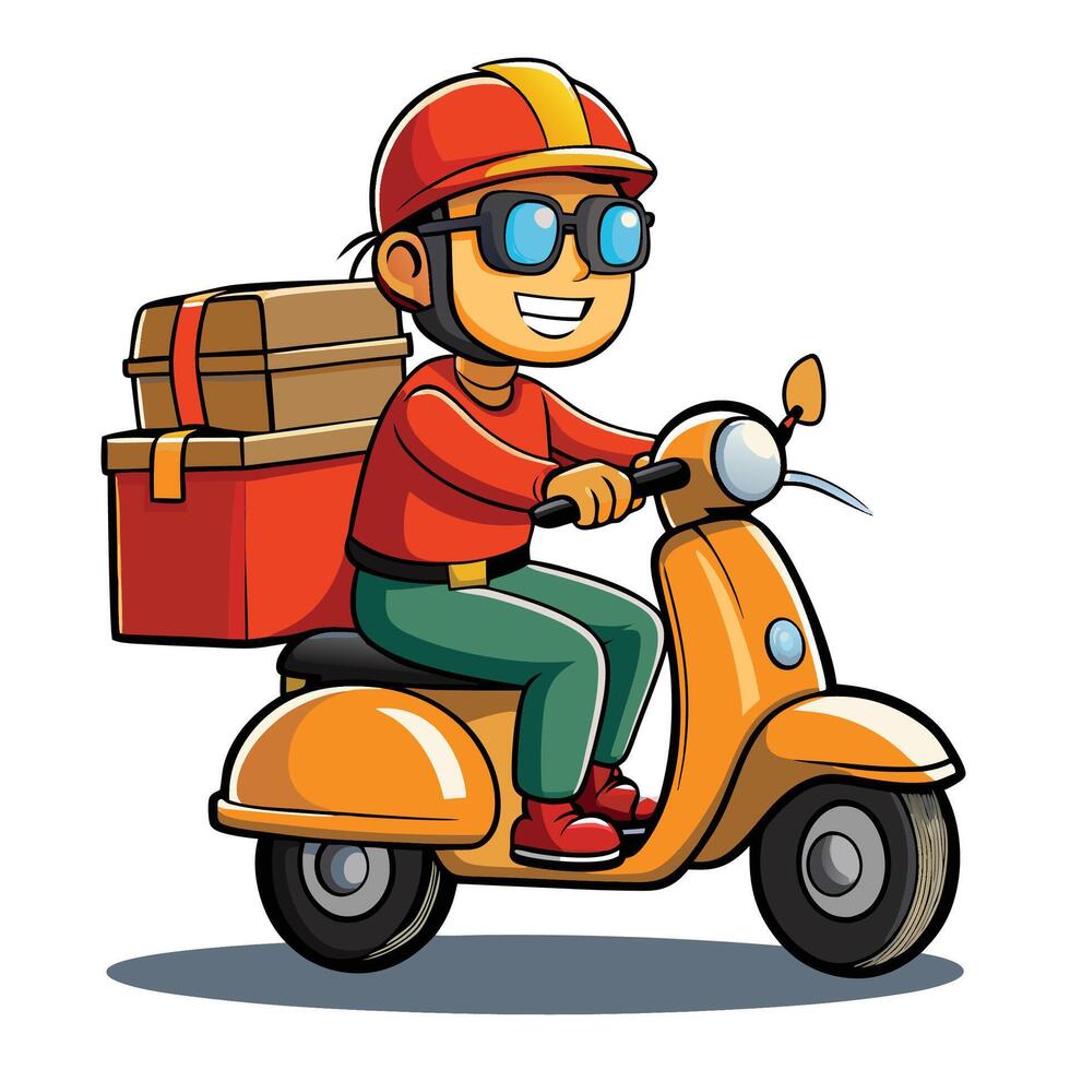cartoon delivery man riding on scooter with boxes vector