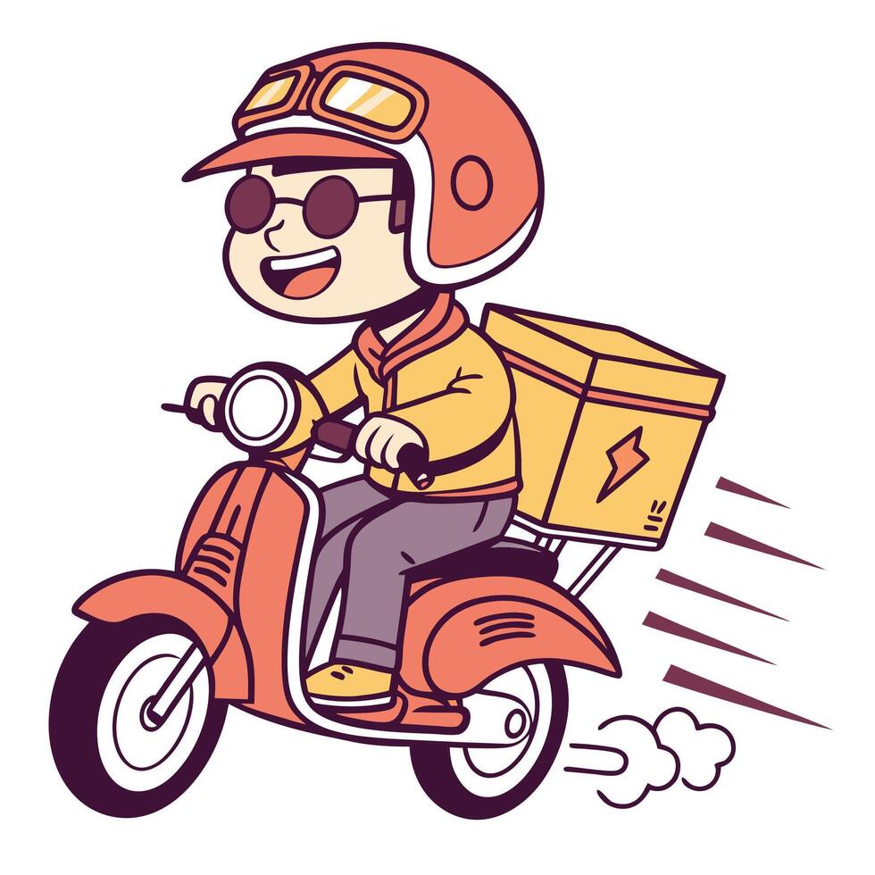 a cartoon boy riding a scooter with a box on the back vector
