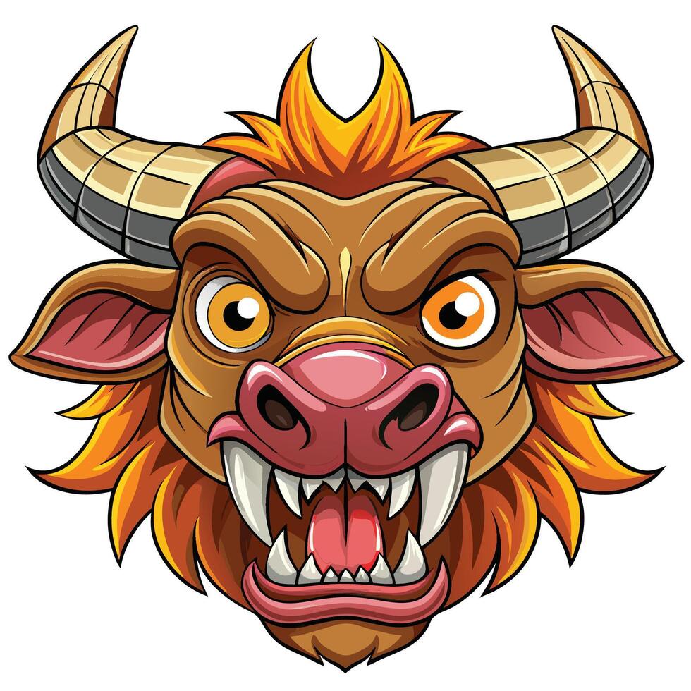 an angry bull head with horns and fangs vector