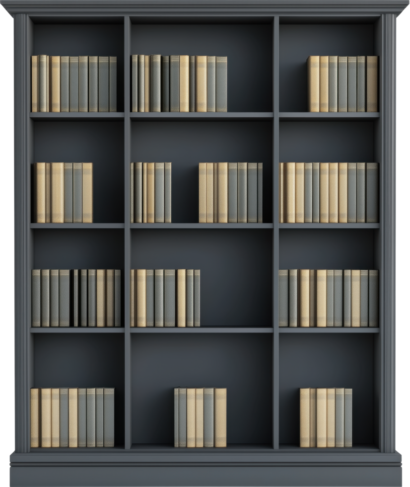 Gray bookcase with books png