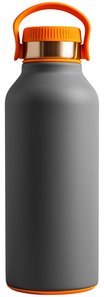 Grey and orange reusable water bottle with handle png