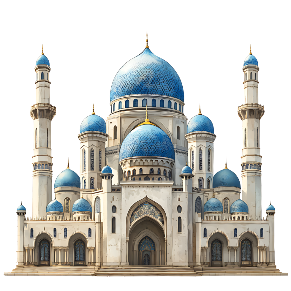 Majestic Blue Domed Mosque Architectural Design. Ramadan Concept png