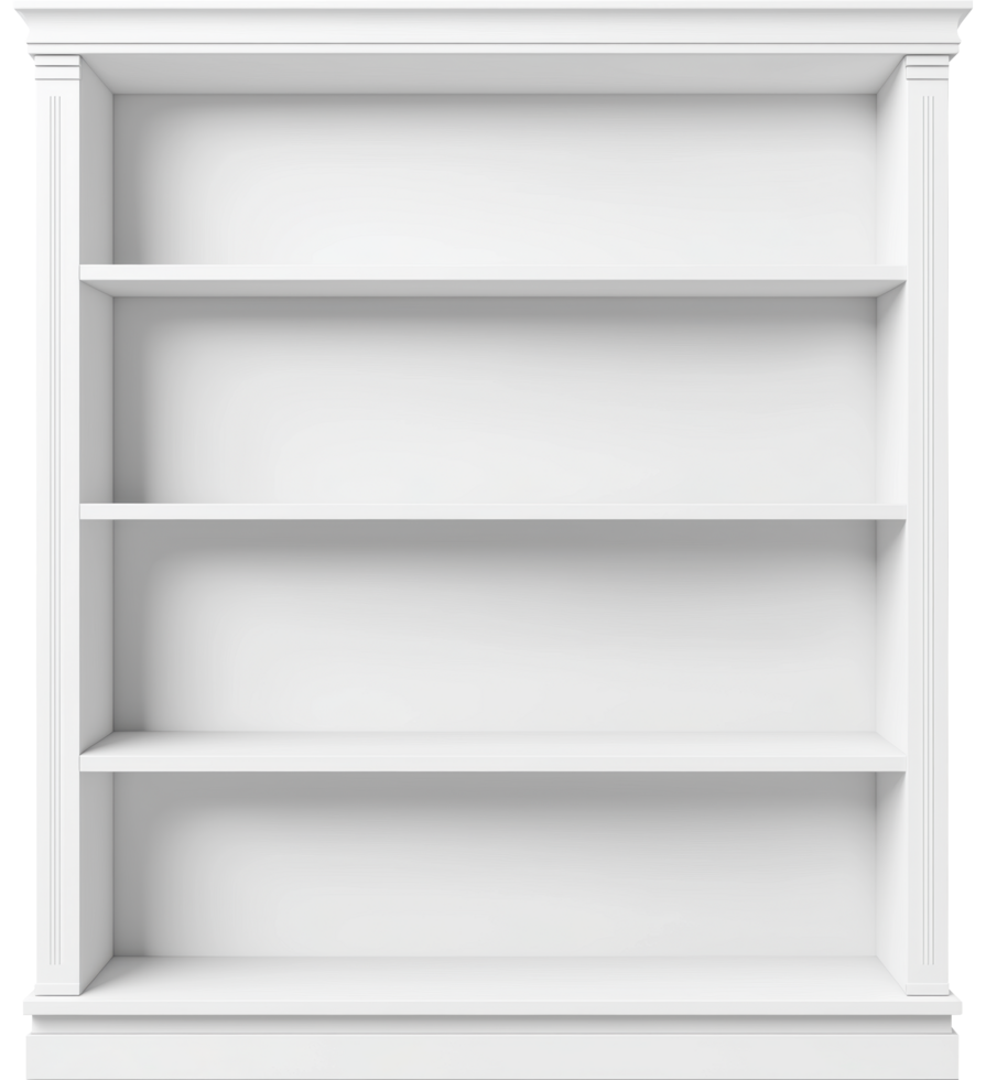 Empty white 4-shelf bookcase png