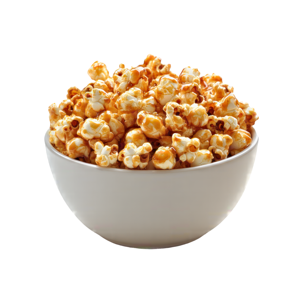 Caramel popcorn in white bowl isolated on transparent background png
