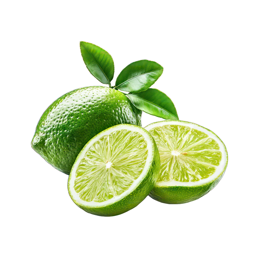 Green lime with two cut slices isolated on transparent background png