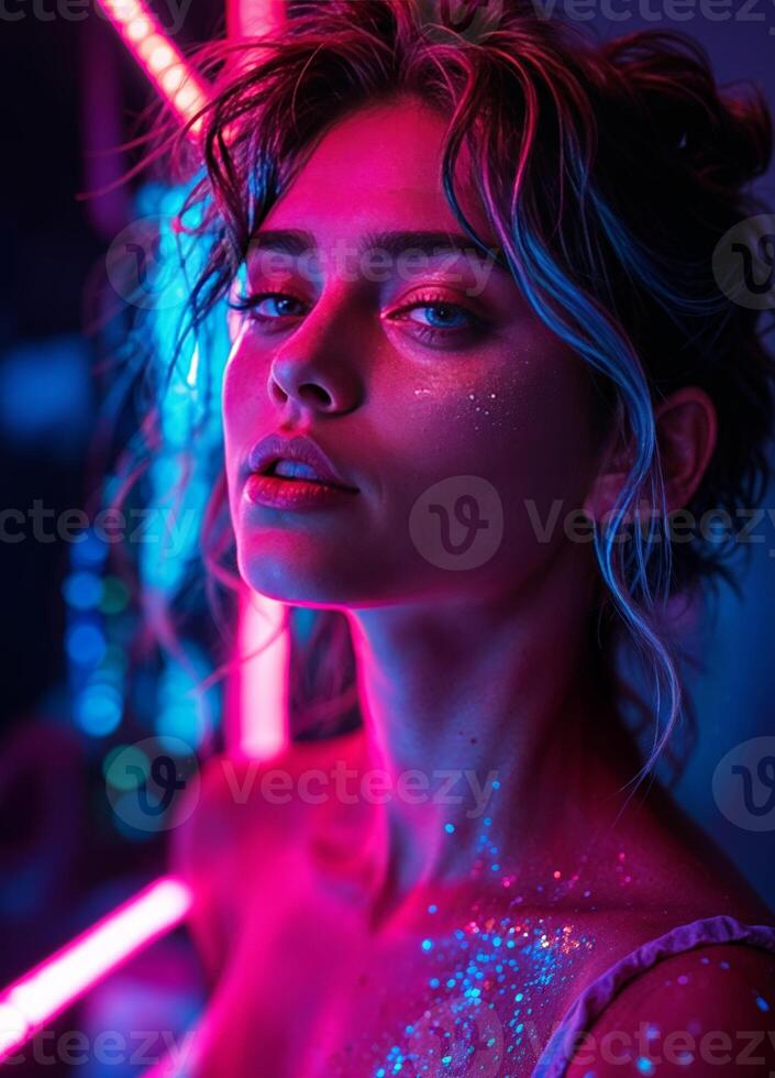 Portrait of a beautiful young woman with bright makeup in neon light. Neon Glow Portrait photo