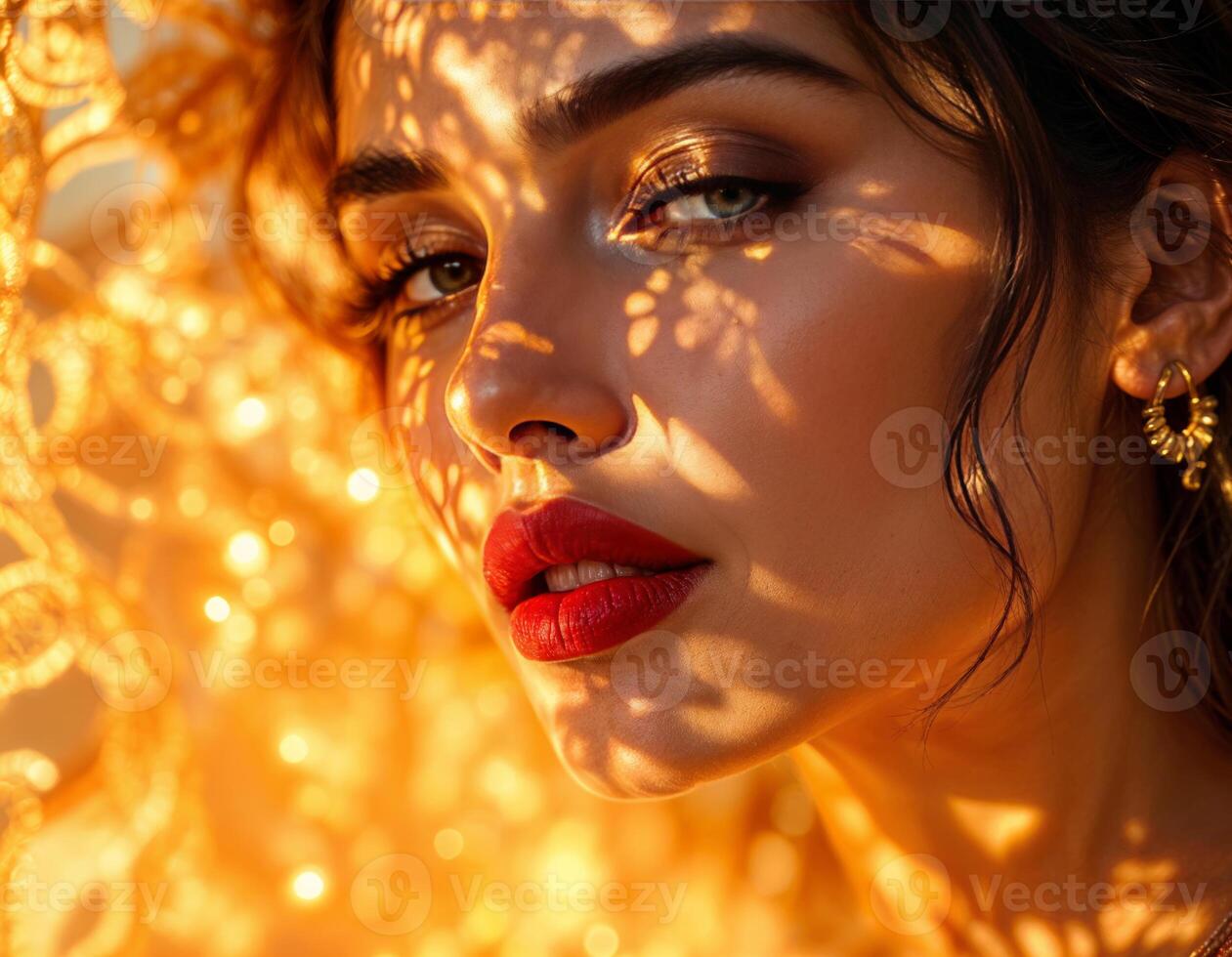 Close-up portrait of a beautiful girl with bright makeup and red lips. Golden Hour Beauty photo