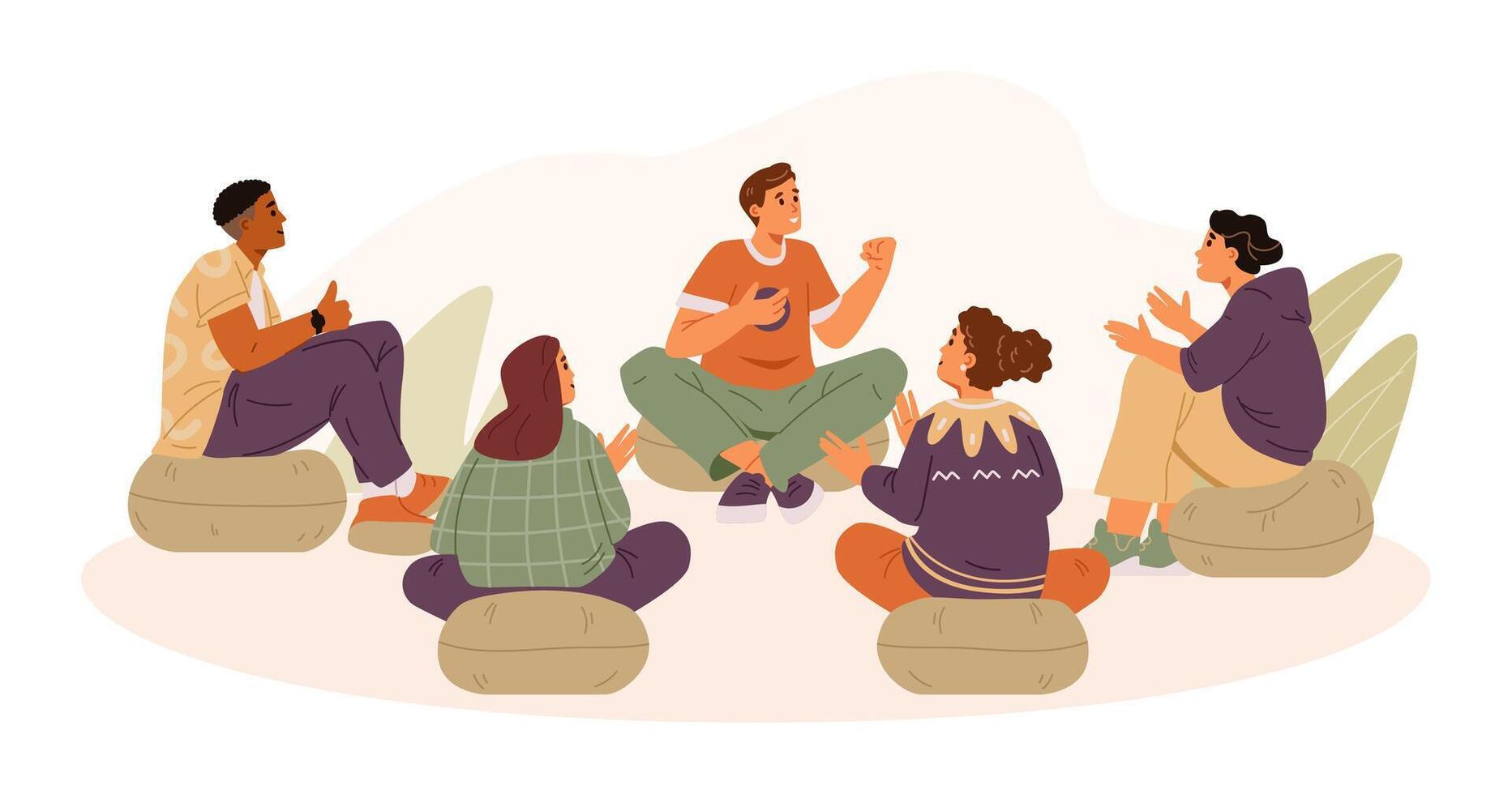 Man sharing his success in group therapy session flat illustration. People applauding, supporting and congratulating member of the group. vector