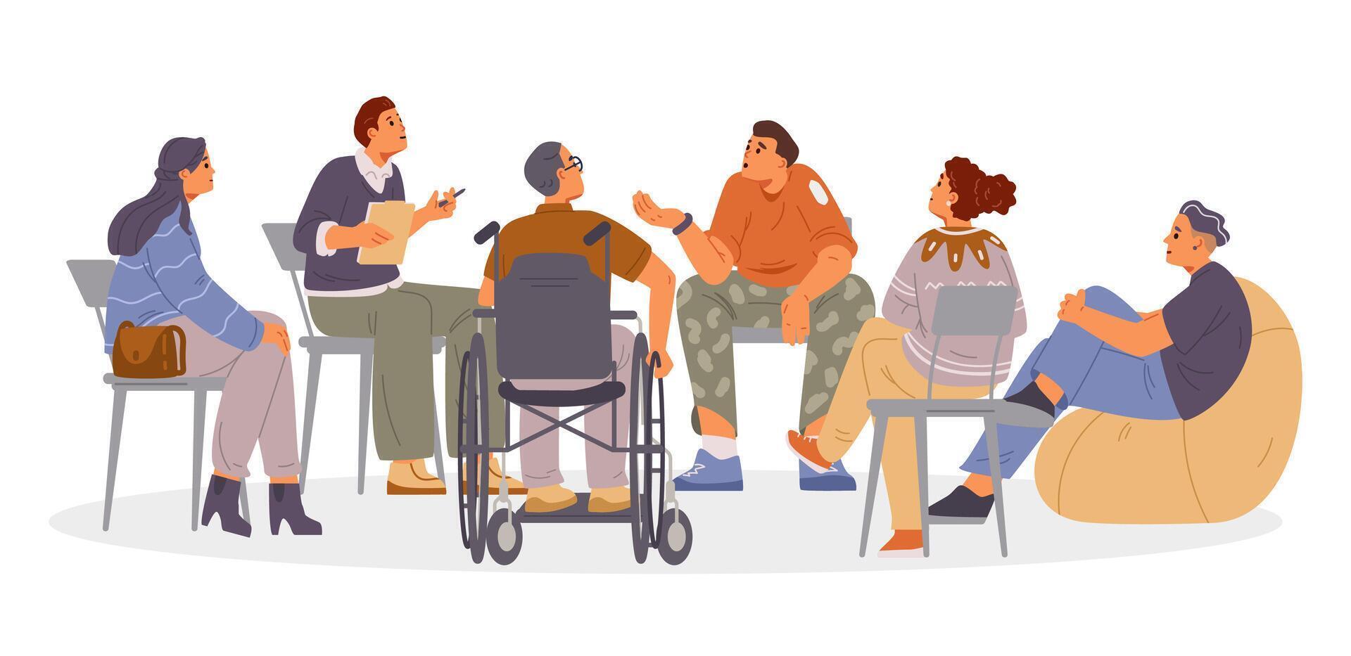 Diverse group of people with man psychologist on group therapy session flat illustration isolated on white. Man sharing his problems with people. vector
