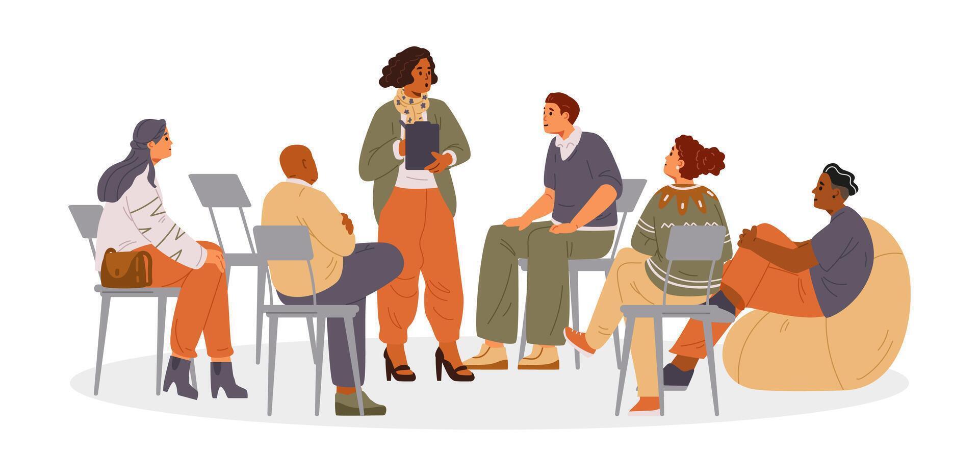 African American woman psychologist with patients on group therapy session flat illustration isolated on white. Diverse group of people sitting in circle. vector
