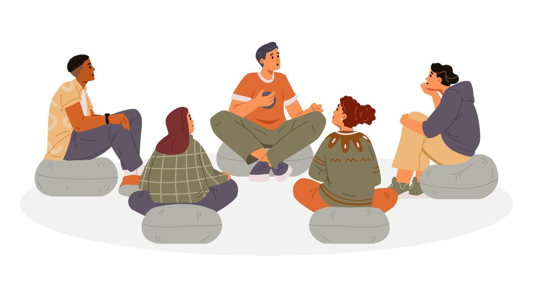 Group therapy session flat illustration isolated on white. Diverse group of people sitting in a circle on the floor discussing their psychological problems. vector