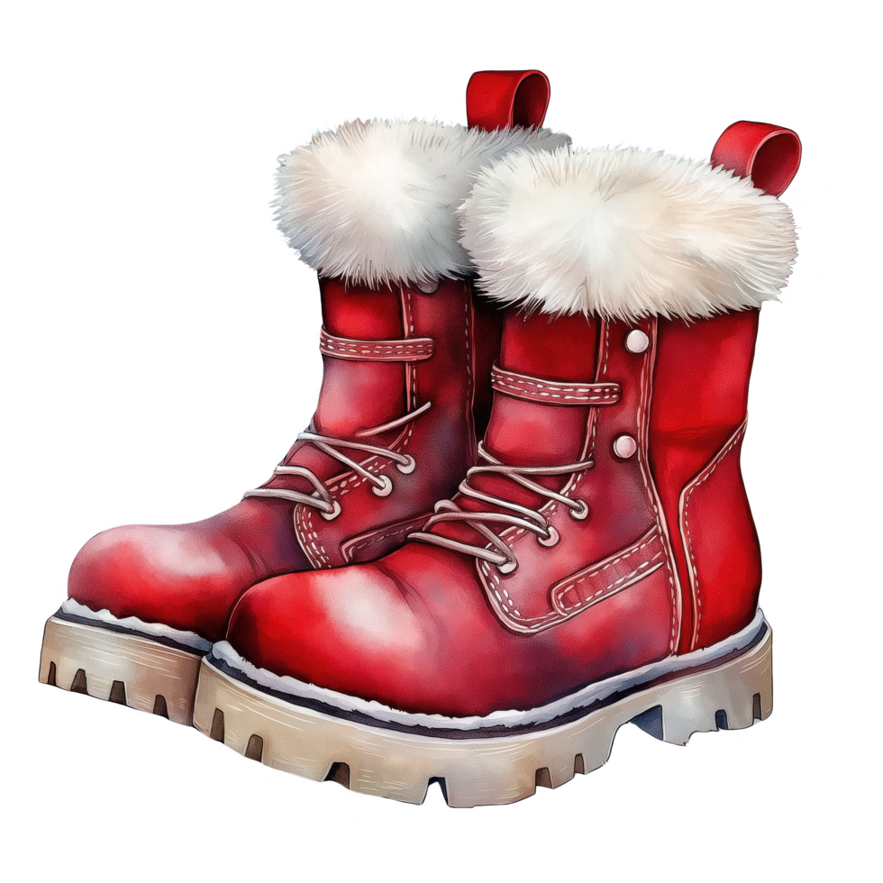 A pair of red snow boots with white fur on the top png