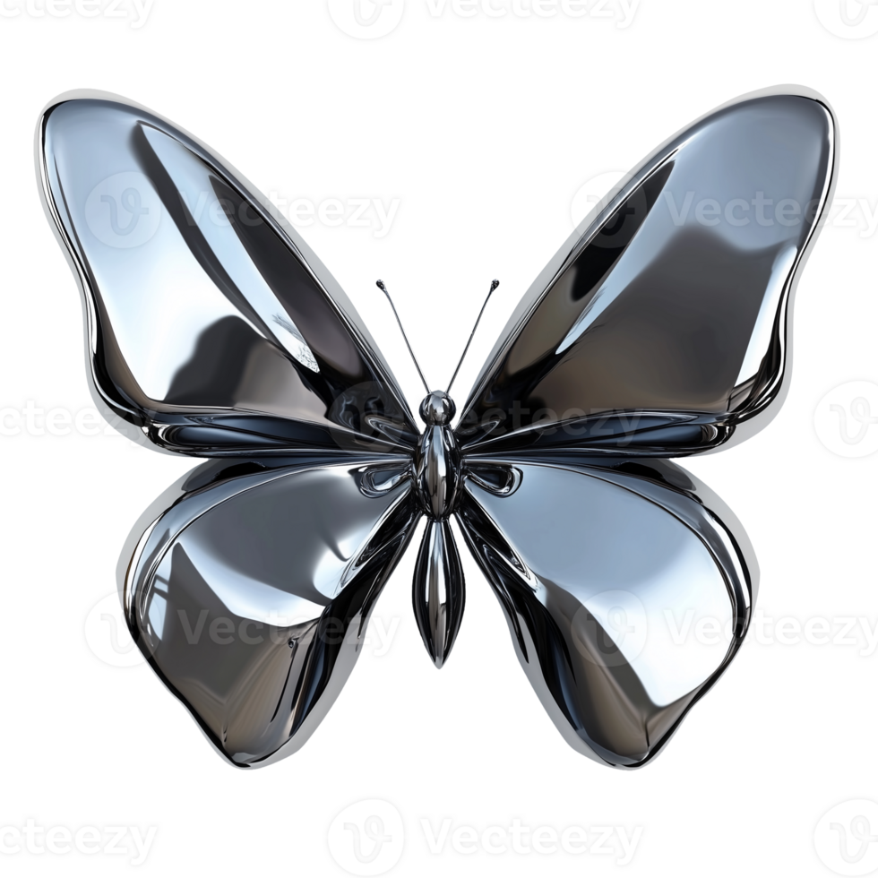 3d chrome Butterfly Shiny Metallic Insect Art in a futuristic y2k style png