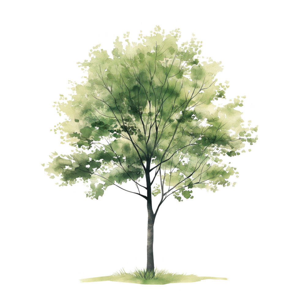 A tree is drawn in a watercolor style, with a green color that gives it a fresh png