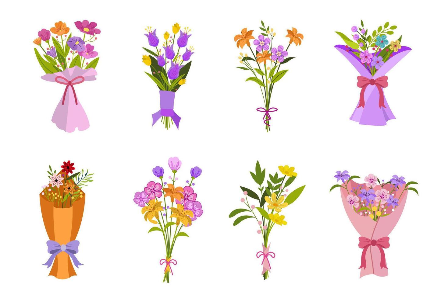 Isolated beautiful flower bouquets in wrapping and blooming plant. Decorative florist shop item on white background vector
