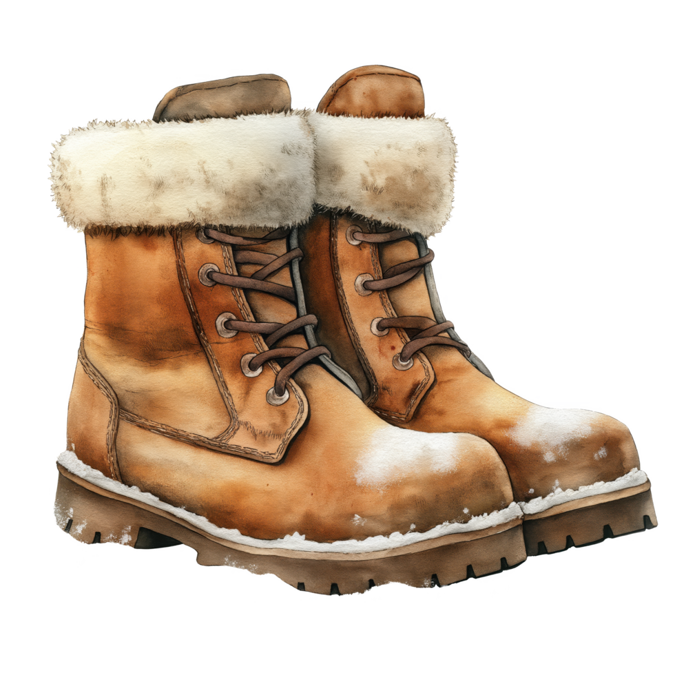 A pair of brown boots with fur lining and laces png