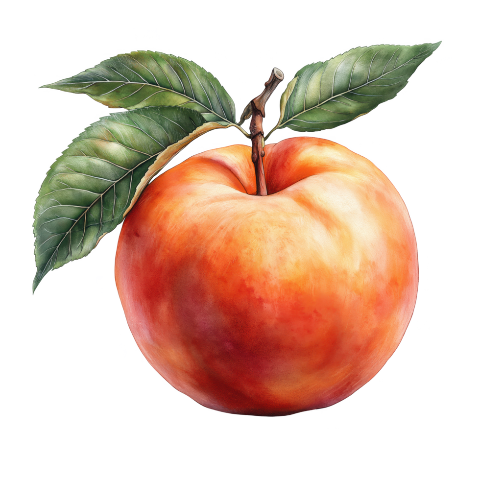 A watercolor painting of a ripe orange apple with a green leaf on top png