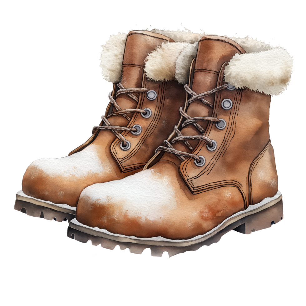 A pair of brown boots with fur on the top and a white sole png